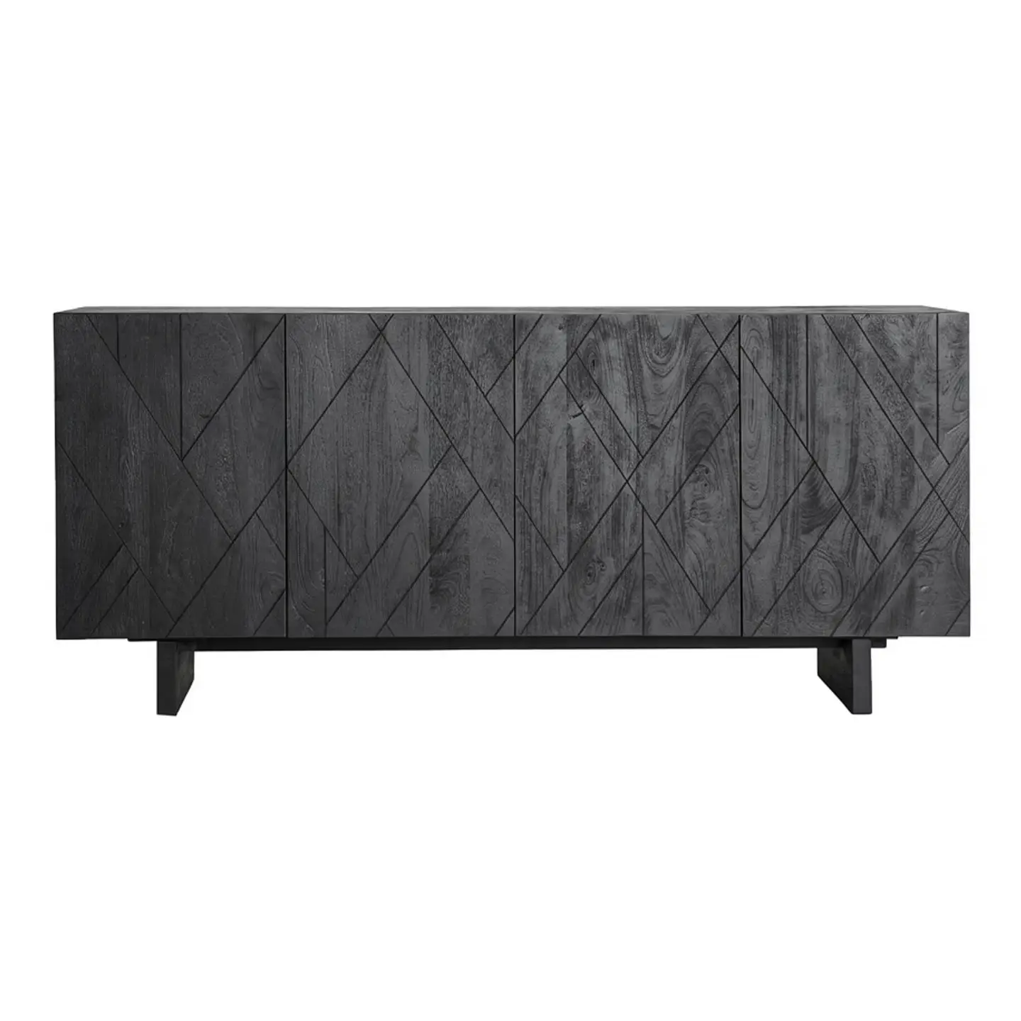 Black oak sideboard with geometric herringbone front, ecommerce product photograph