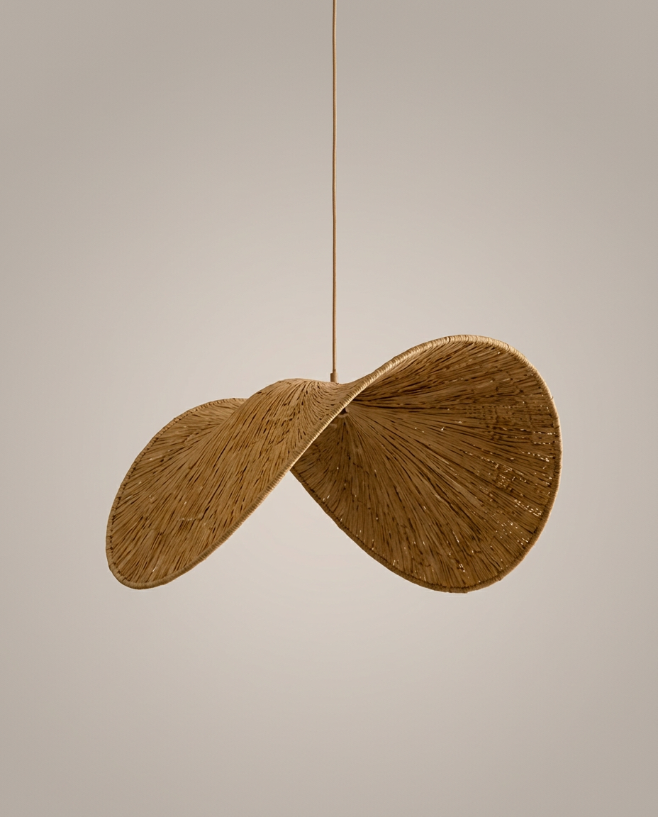 Twisted woven raffia pendant lamp, ecommerce product photograph