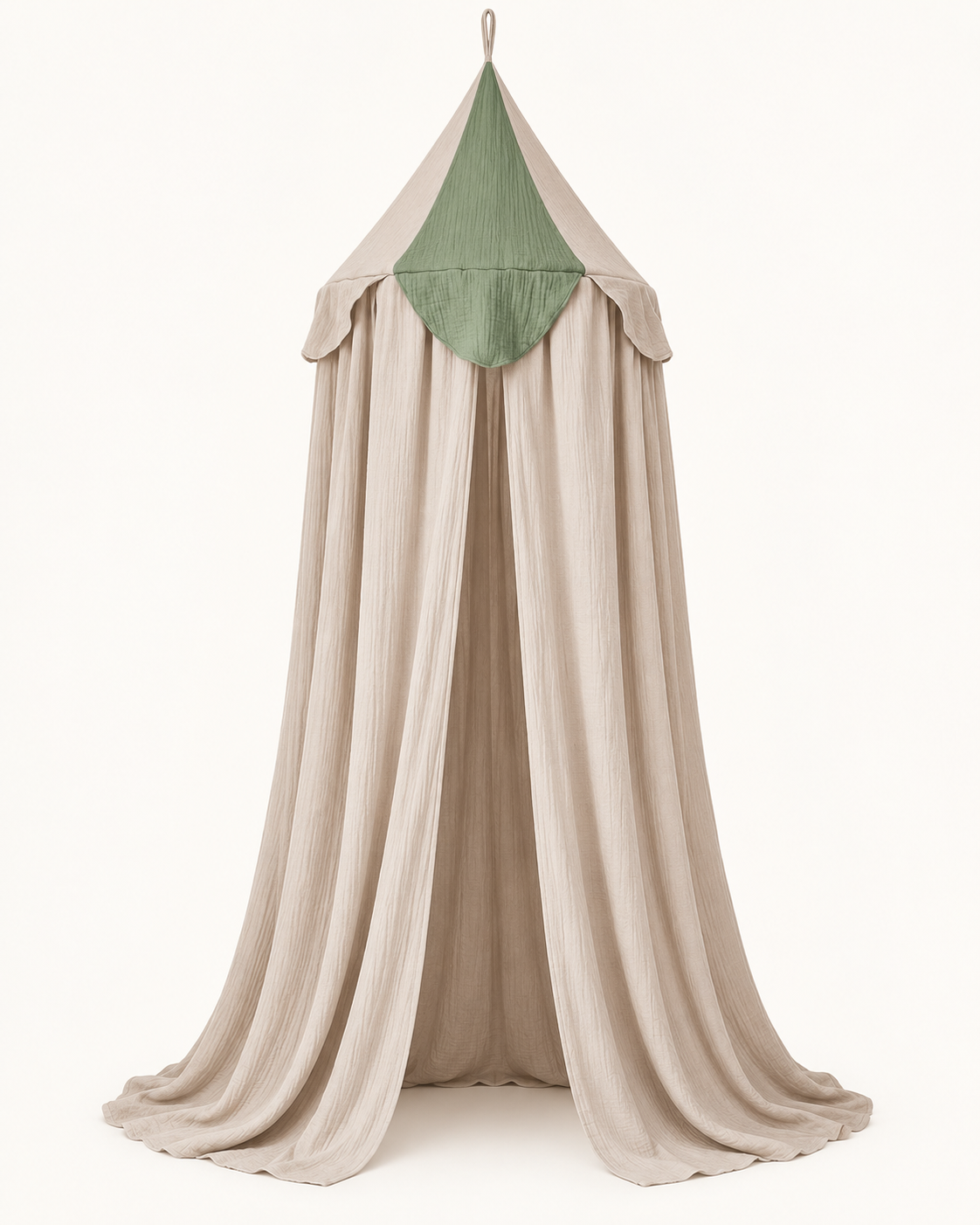 Barababy beige and green fabric bed canopy in a studio product photograph