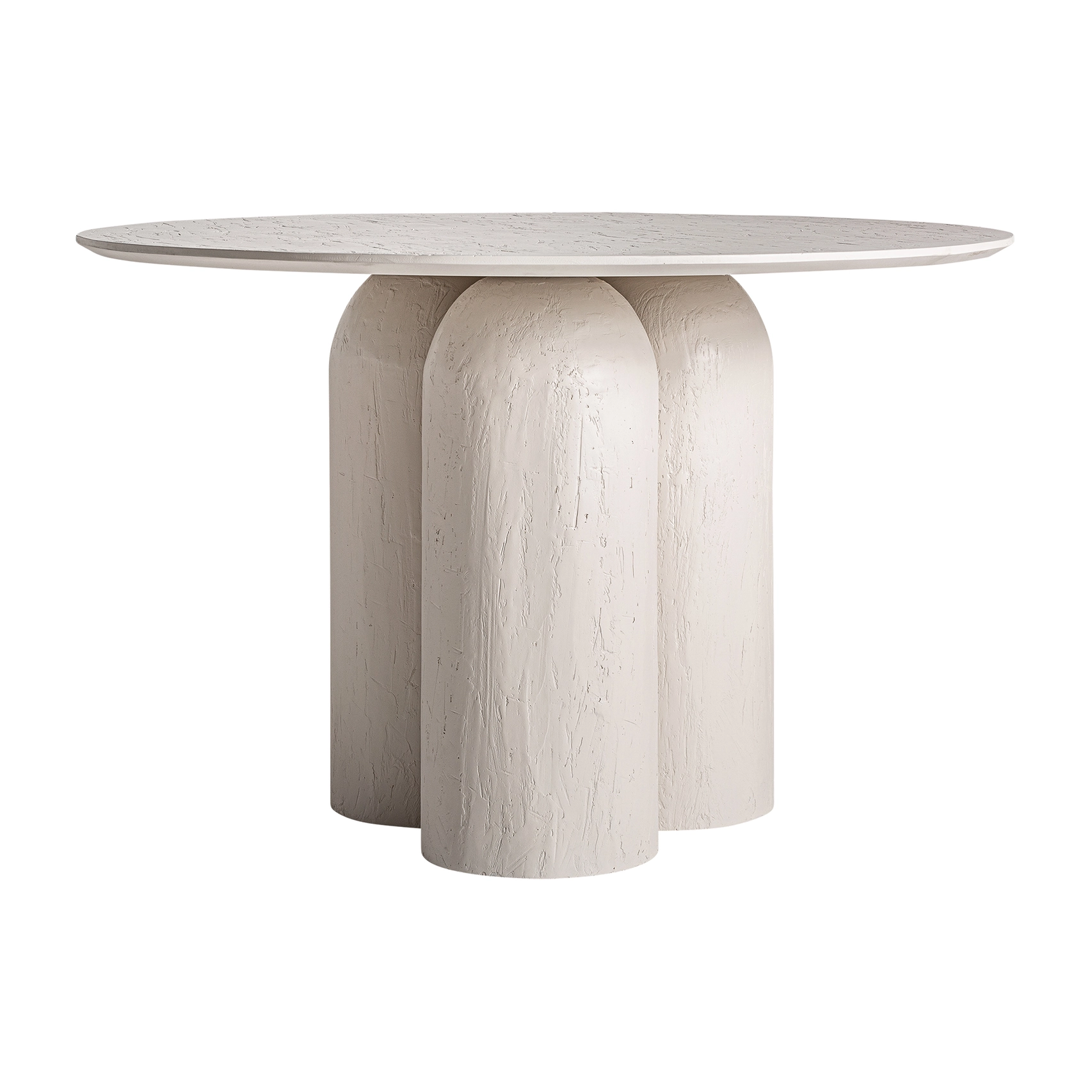Round travertine dining table with sculpted column base, ecommerce product photograph
