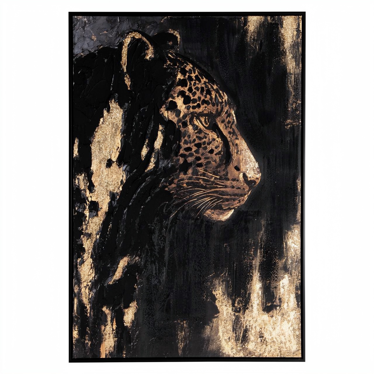 Framed leopard artwork in black and gold, ecommerce product photograph