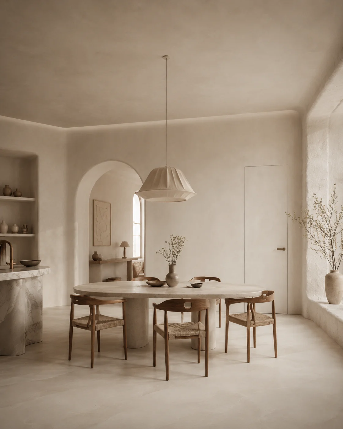 Di Maggiore curved cornice framing a softly lit dining room with a round table and pendant light