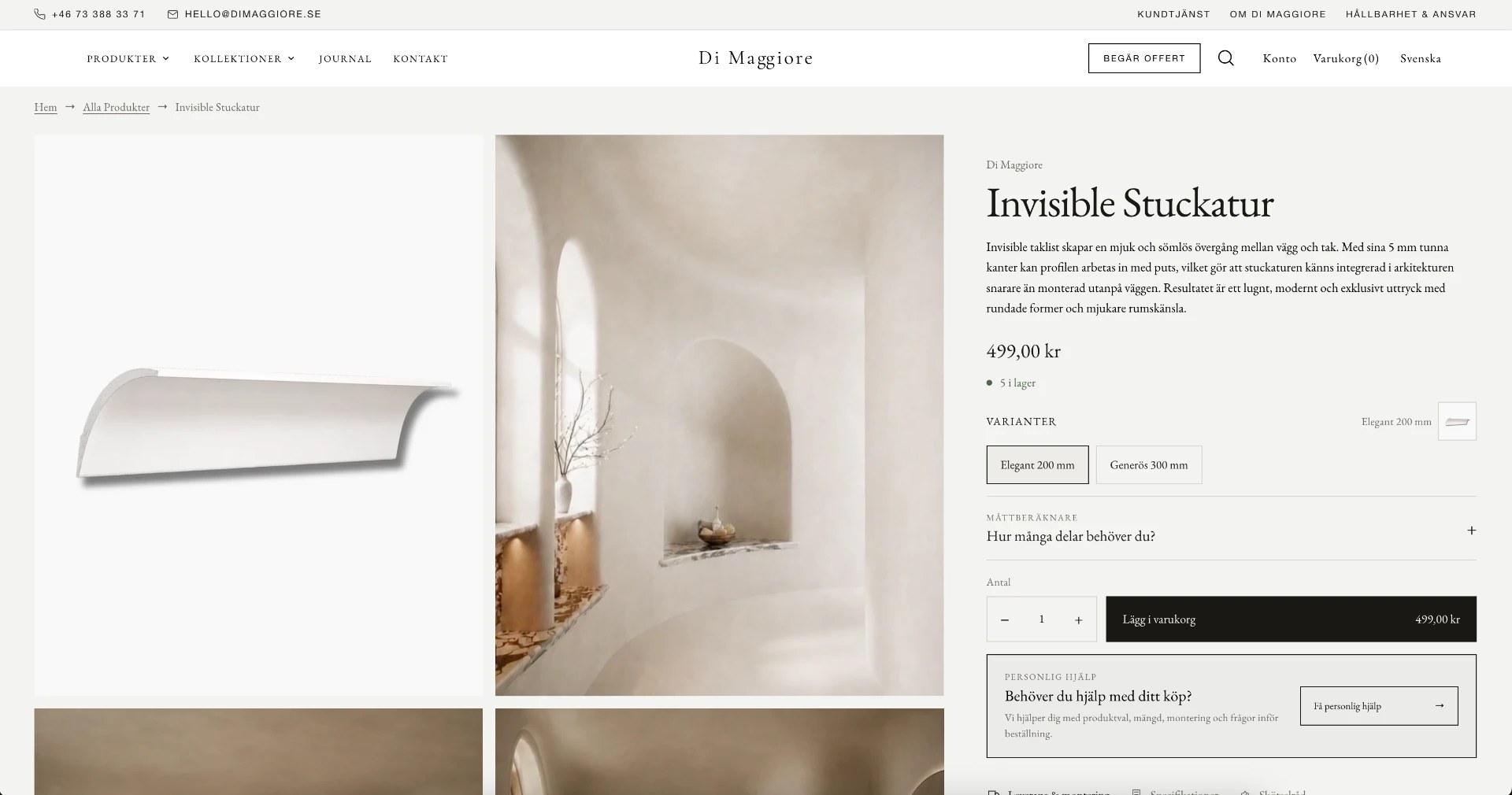 Di Maggiore bespoke Shopify product page for Invisible Stuckatur cornice, with product imagery, variant options, measurement calculator and purchase controls